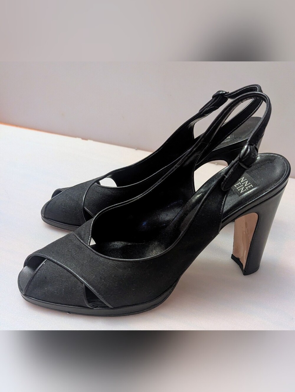 Anne Klein Women's Genuine Leather Linen Slingback Peep Toe Heels. Made in Italy